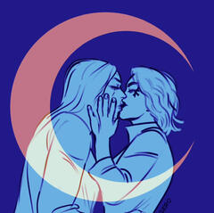 A sketch of Isobel Thorm and Dame Aylin kissing. Both figures are light blue on a dark bluish purple background, with a pink crescent moon surrounding them. The image is cropped so that the crescent moon follows the icon circle