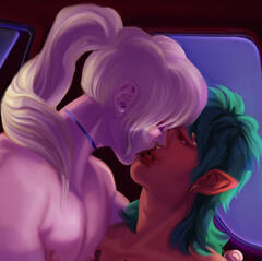 A drawing of Cavendish and Bartolomeo kissing. Cavendish sits on Barto’s lap, hair up in a ponytail, eyes closed. Barto looks up at him, eyes hooded and lips parted.